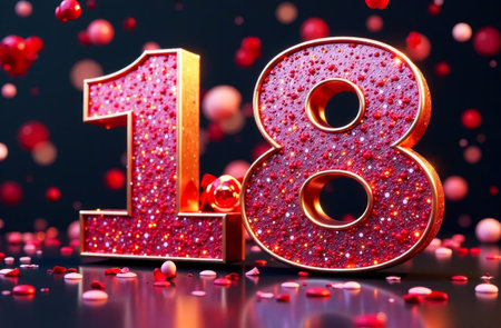 large 3d number 18 with flying red confetti, gift greeting cardの素材