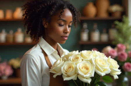 young beautiful african american florist holding a large bouquet of white roses against the backdrop of a flower shop, florist making a bouquet of white roses, close-up portraitの素材