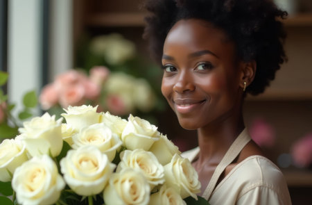 young beautiful african american florist smiling and holding a large bouquet of white roses in her hands against the background of a flower shop, florist making a bouquet of white roses, close-up portraitの素材