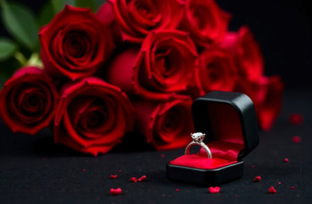 large beautiful bouquet of fresh red roses and diamond ring in black case lie on black velvet surface, wedding or engagement ring with diamondの素材