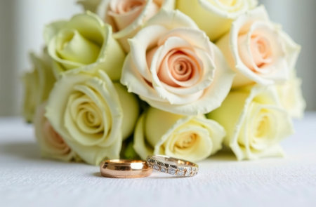 large wedding bouquet of pink and white roses and two wedding rings one gold the second silver on a white table, wedding card or invitation, wedding booklet or flyerの素材