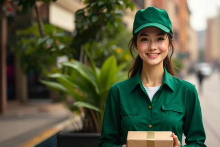 Young delivery woman holding a parcel in the city. Delivery service concept.の素材