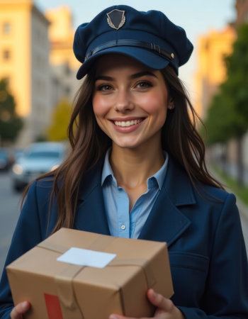 Portrait of smiling delivery woman in uniform holding parcel box and looking at cameraの素材