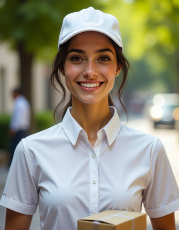 Beautiful young delivery woman holding a parcel in her hand and smilingの素材