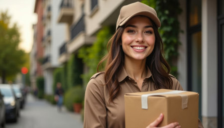 happy delivery woman in beret holding parcel box and smiling on streetの素材