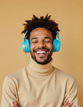 Portrait of a happy African American man listening to music with headphones over yellow backgroundの素材