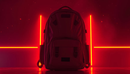 Backpack on a dark background with a red neon light. 3d renderingの素材