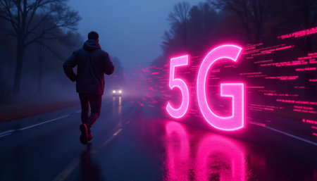 Man running on a foggy road with glowing 5G sign in the backgroundの素材