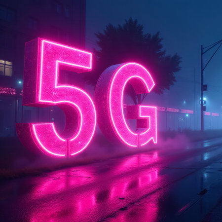5G neon sign on the street at night. 3d renderingの素材