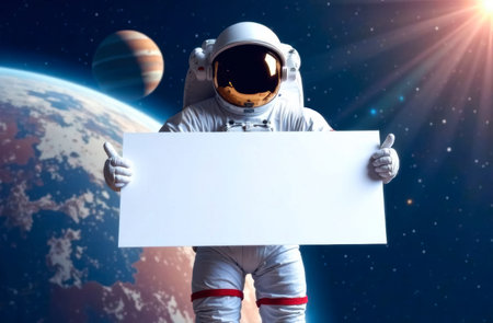 Astronaut holding a blank banner. Space background. Mixed mediaの素材