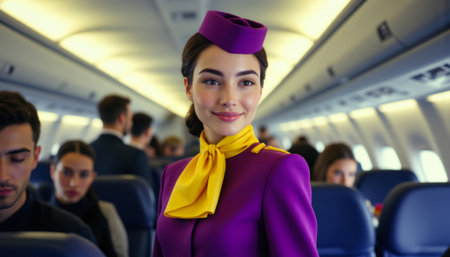 Portrait of beautiful stewardess in uniform on board of airplaneの素材