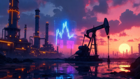 Oil pumps in the evening. Oil industry background. 3d renderの素材