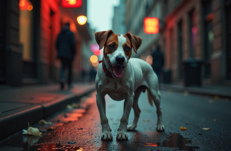 Dog on the street in the city at night. Jack Russell Terrierの素材