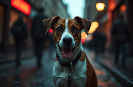 Portrait of a dog on a city street in the evening.の素材