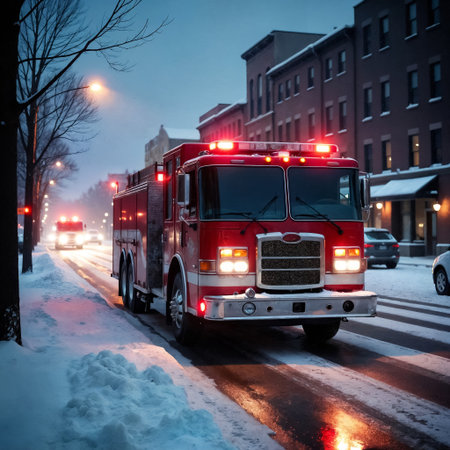Fire engine on the road during a snowstorm in the city.の素材