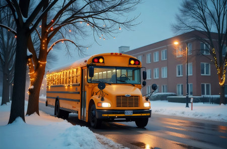 School bus on the street at night in winter, Moscow, Russiaの素材