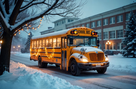 School bus on a snowy road at night with Christmas lights in the background.の素材