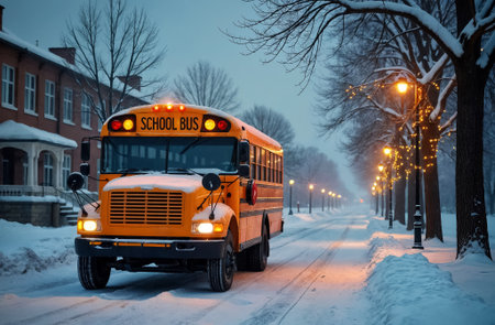 School bus on a snowy road in the evening. Back to school.の素材