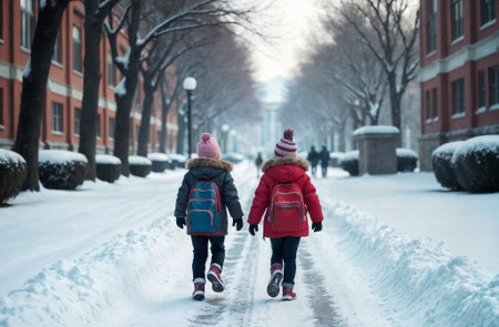 Two little girls walking on the street in winter. Back view.の素材