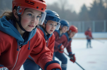 Group of children playing ice hockey on outdoor ice rink. Selective focusの素材