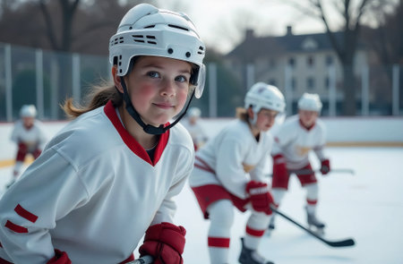 Group of children playing ice hockey on rink. Focus on girl.の素材