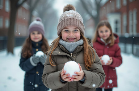 Portrait of cute little girls with snowballs outdoors on winter dayの素材