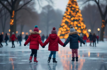 Three children skating on the ice rink in the city at Christmas.の素材