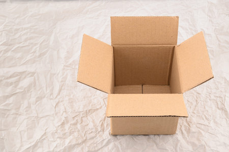 Cardboard box on crumpled paper background, top view.