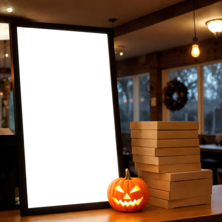 Halloween pumpkin with blank billboard in cafe. Mock up for your designの素材