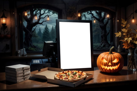 Halloween pumpkin with blank photo frame on wooden table in dark roomの素材