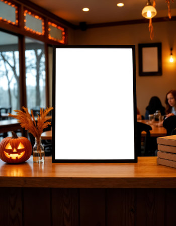 Blank white poster on the wooden table with Halloween decorationの素材