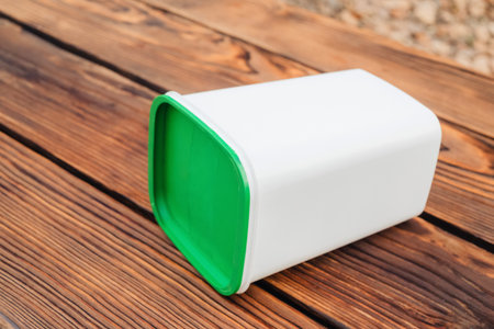 horizontal shot of a white rectangular plastic container lying on its side on a brown wooden table with a bright green lid, viewed from above and the side, outdoorsの写真素材
