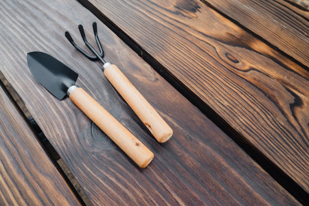 close-up of a black garden trowel and a cultivator rake with short wooden handles, arranged diagonally on dark brown wooden planksの写真素材