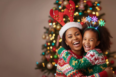 African american mother and daughter in christmas sweaters near christmas treeの素材