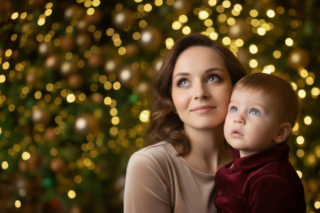 Portrait of beautiful young mother with her little son on Christmas backgroundの素材