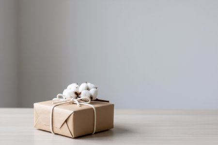Gift box and cotton branch on wooden table with copy space.の素材