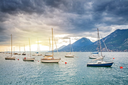 Scenic harbor at Lake Garda in Brenzone sul Garda, Veneto, Italyの写真素材