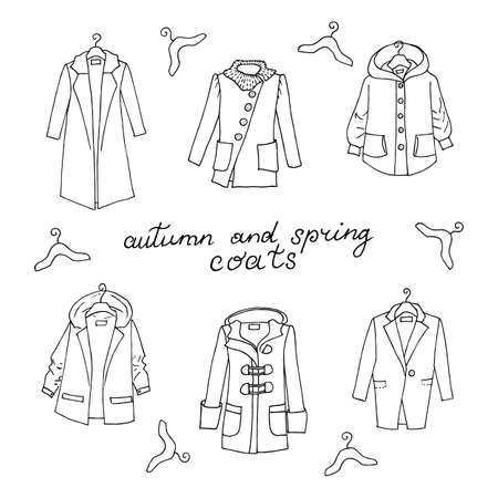 Set of autumn winter models female coats. Hand drawn doodle coat and hanger. Vector illustrationのイラスト素材