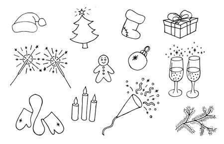 New Years Celebration Line Icons and Symbols. Hand drawn black doodle sketch outline. Vector illustration.のイラスト素材
