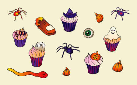 Halloween sweet treats set. Holiday food in hand drawn style. Esoteric and mystery symbols for stickers, badges, printのイラスト素材