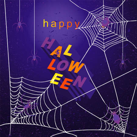 Happy Halloween lettering. Handwritten calligraphy with spider and cobweb for greeting cards, posters, banners, flyers and invitations. Happy Halloween text, holiday backgroundのイラスト素材