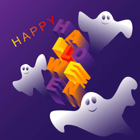 Happy Halloween lettering. Handwritten calligraphy with ghosts for greeting cards, posters, banners, flyers and invitations. Happy Halloween text, holiday backgroundのイラスト素材
