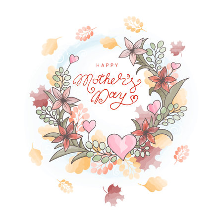 Happy Mothers Day greeting cards. Wreath of Happy Mothers Day lettering greeting cards with Flowers. Can be used for banner, poster, card, postcard and printable. Vector illustration.のイラスト素材
