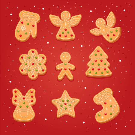 Vector cartoon set of holidays ginger cookie isolated on red background. Merry Christmas and Happy New Year figures cover by icing-sugar. Ð¡ute gingerbread cookies for Christmas gingerbread man, angel, snowflake, mitten, tree, star, bell, sock.のイラスト素材