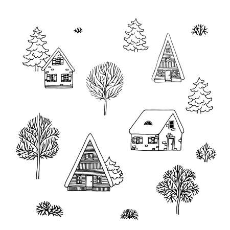 A Set Of Seamless Vector Patterns Of The Winter Landscape. Design of Christmas holidays with a small Wooden house, Christmas trees, trees, bushes. Doodles of a winter village on a white background.のイラスト素材