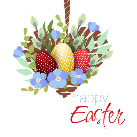 Happy Easter postcard. Trendy Easter design with typography, hand drawn strokes and dots, eggs in red, golden colors. Easter composition a heart made of twigs with flowers, branches, willow and eggs. Horizontal poster, postcard, header for websiteのイラスト素材