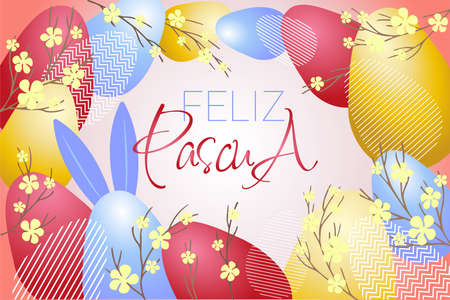 Feliz Pascua lettering. Easter postcard with red violet golden Easter eggs and branch. Decorative frame with golden elements. Unique design for your greeting cards, banners, flyers. Vector in modern style.のイラスト素材