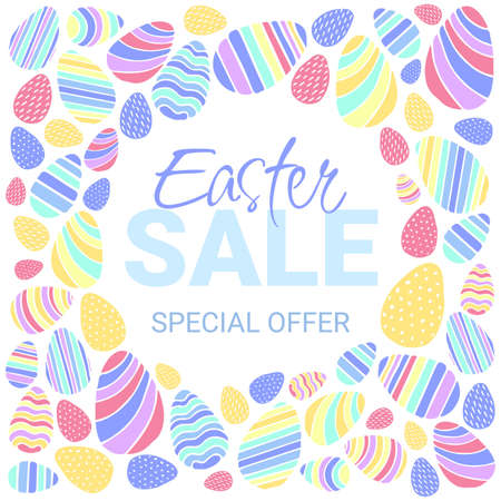 Easter Sale wreath with color Easter eggs on white background. Easter Sales special offer text design with hand lettering for business, holiday shopping, promotion and advertising. Vector illustration.のイラスト素材