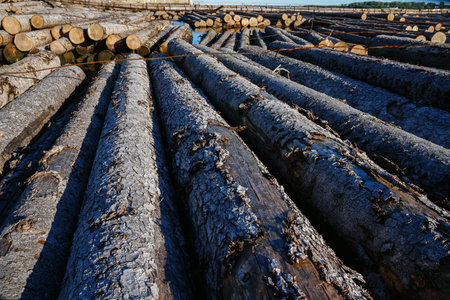 logs crossing the river on the pulp and paper millの写真素材