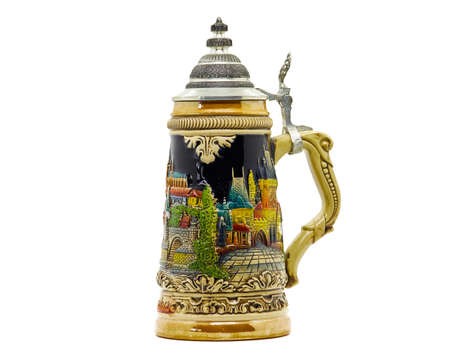Czech mug of beer decorative with silver lid on white backgroundの写真素材